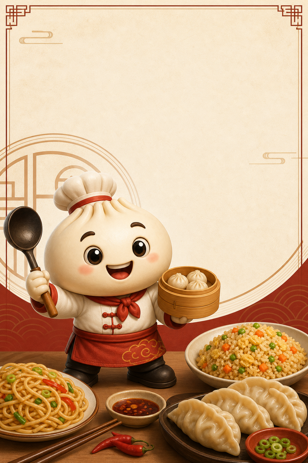Bao standing with dumplings, noodles, rice, and warm campaign artwork